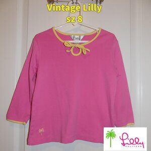 LILLY PULITZER VTG Girls Pink Knit L/S TShirt Yellow Trim 8 Keyhole Bow